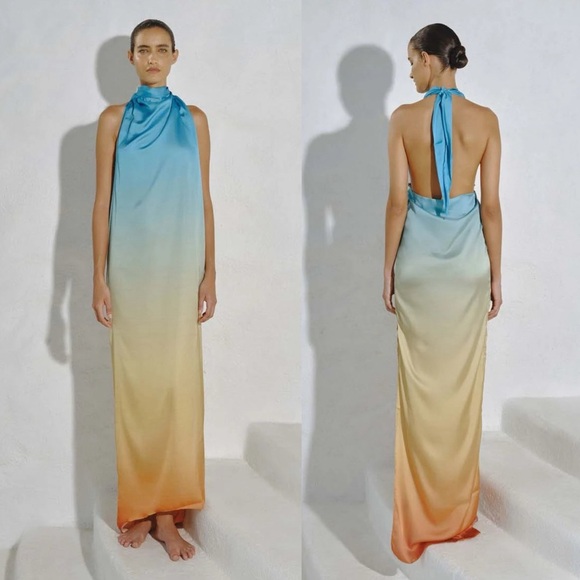 chinese dress ladies Women's Halter Sleeveless Backless Ombre Summer Beach Chiffon Flowy  Sundress Pleated Long Maxi Dress Blue at Amazon Women's Clothing store